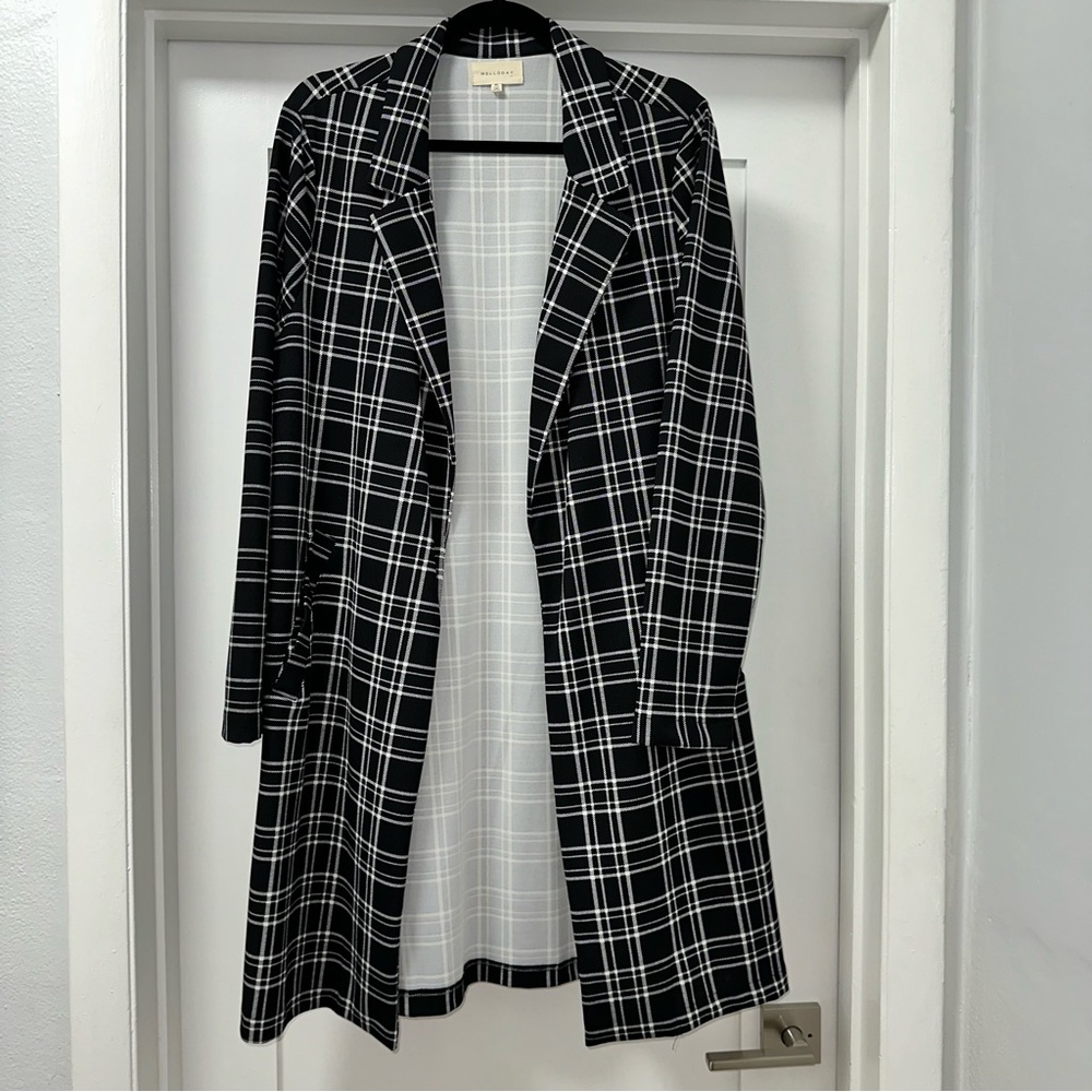 MELLODAY Black and White Checkered Trench Coat